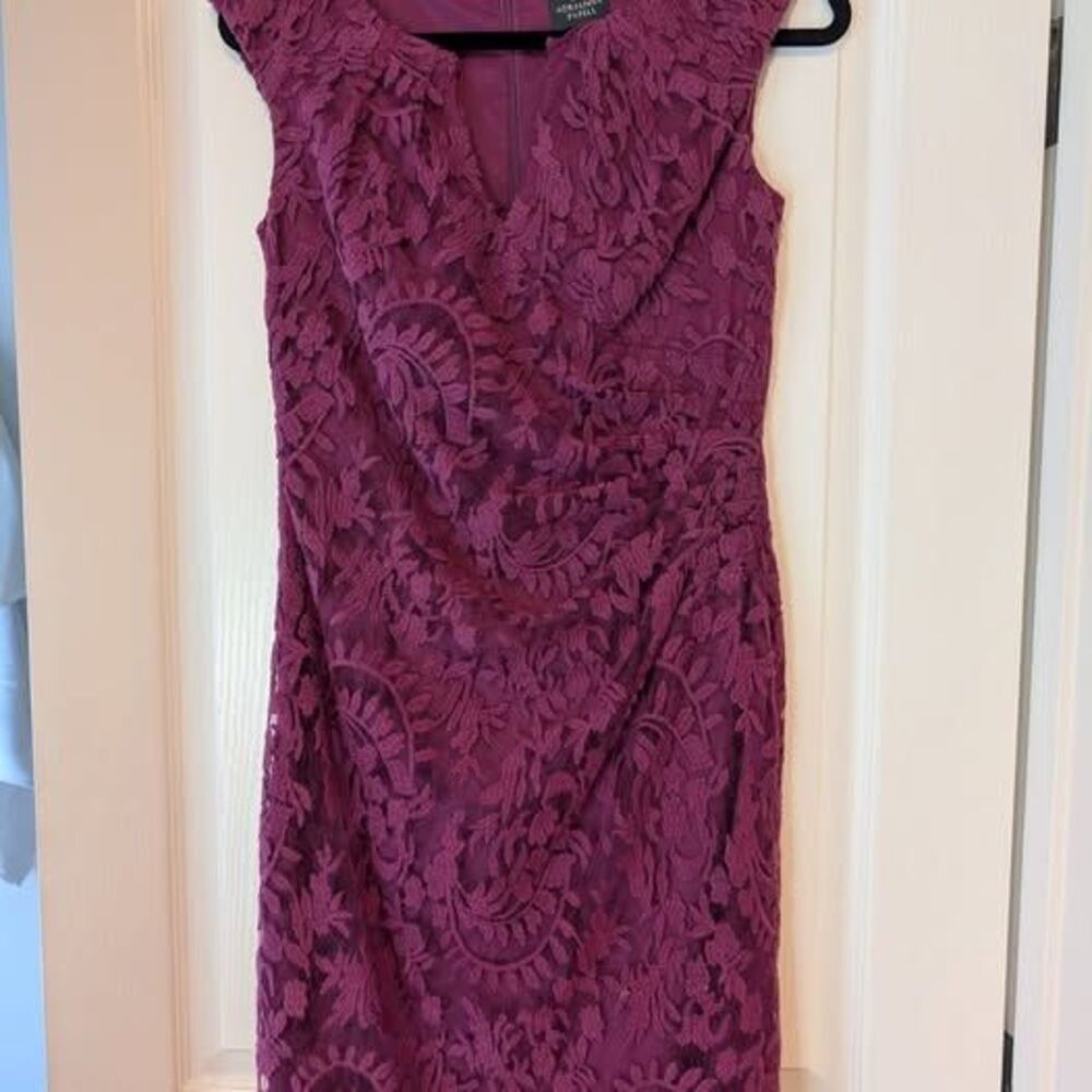 Adrianna Papell Dress Womens Size 4 Cap Sleeve Lace Sheath Floral Ruched Elegant